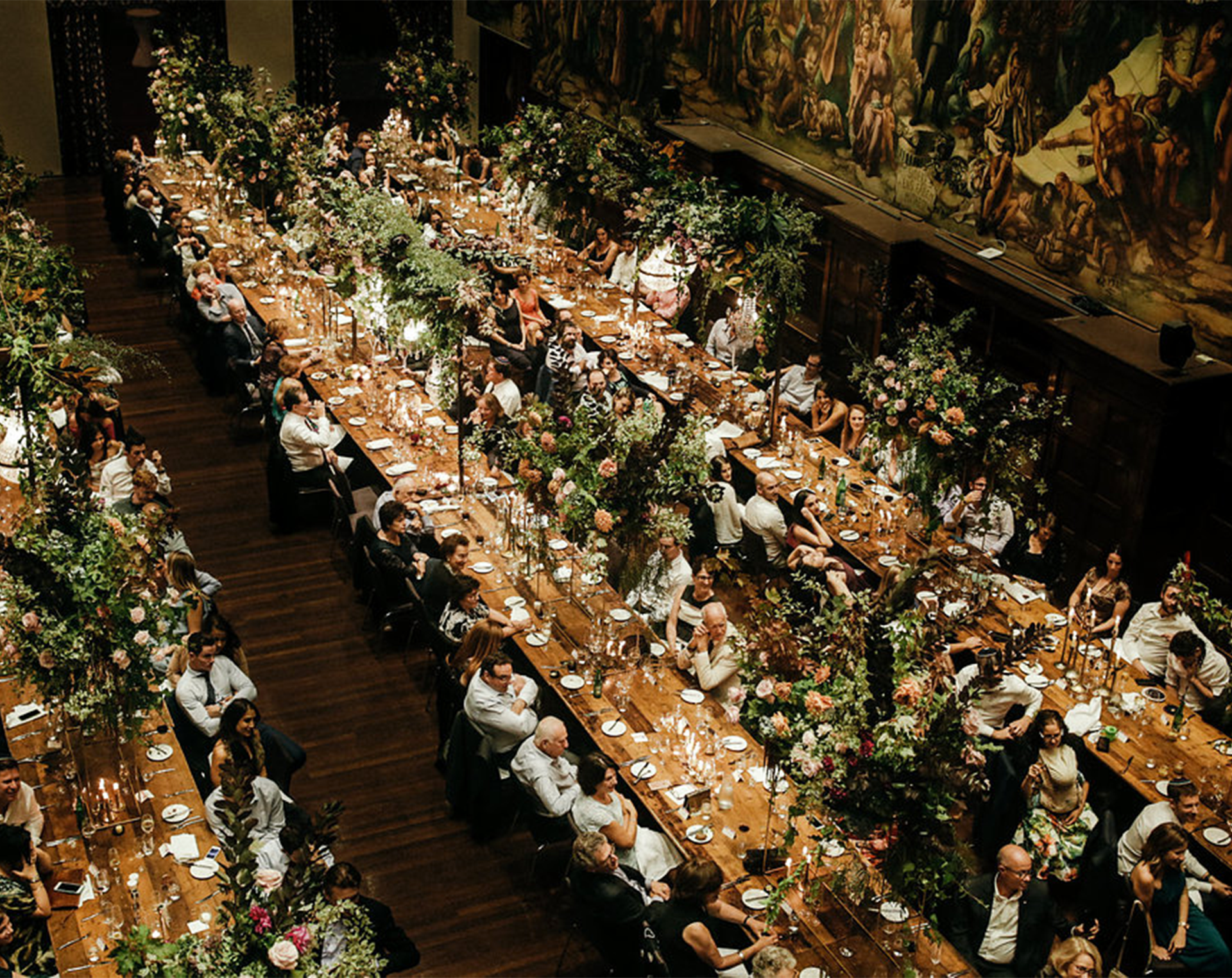 Gala dinner in a big dining hall room