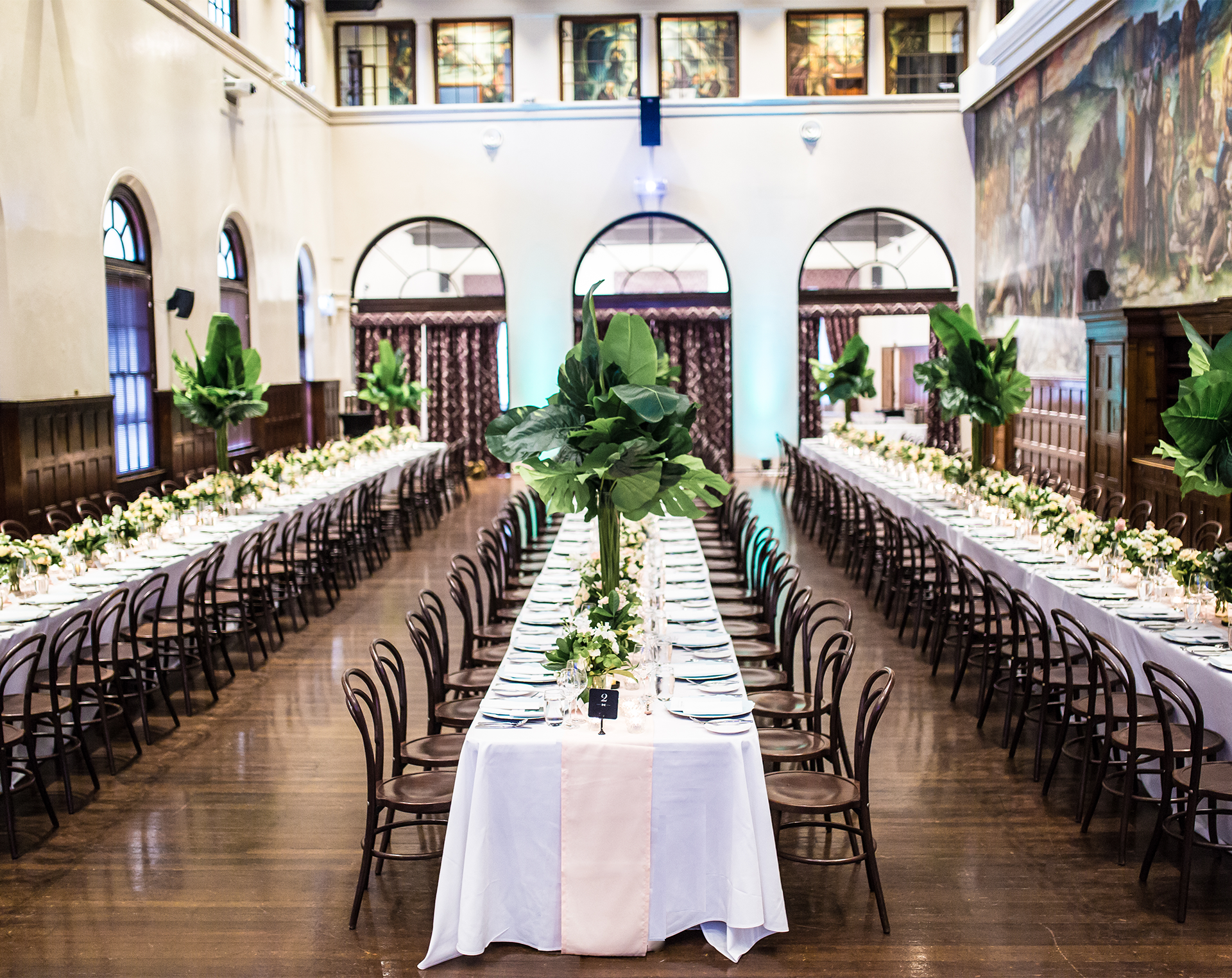 Gala dinner setup in a big dining hall room