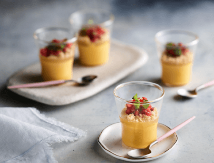 Mango Panna Cotta lime rum jelly shortbread strawberry mint canape size