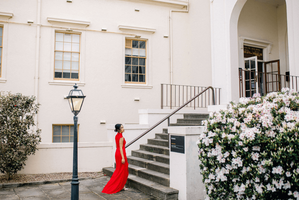 Modern Chinese Tea Ceremony Bride Walking Up Stairs