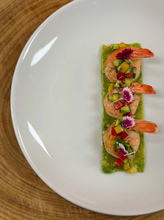 Poached prawn, on avocado marble, Diced peppers and cucumber with ponzu wasabi dressing